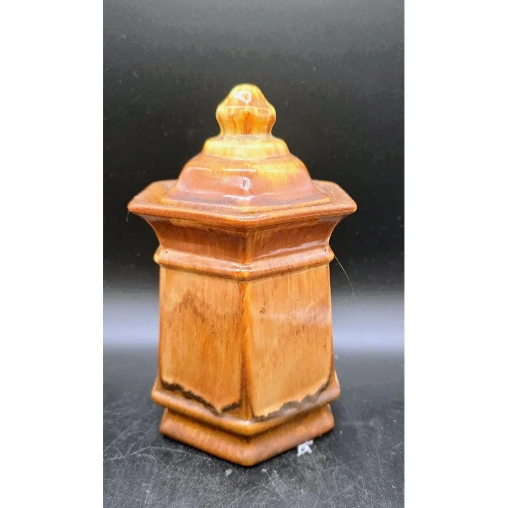Vintage Royal Haeger Brown Dripware Pottery Canister‎ Hexagonal W Lid 7.5